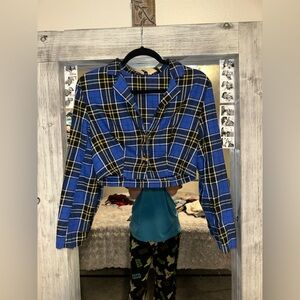 Blue and Yellow Plaid Cropped Blazer with matching skirt